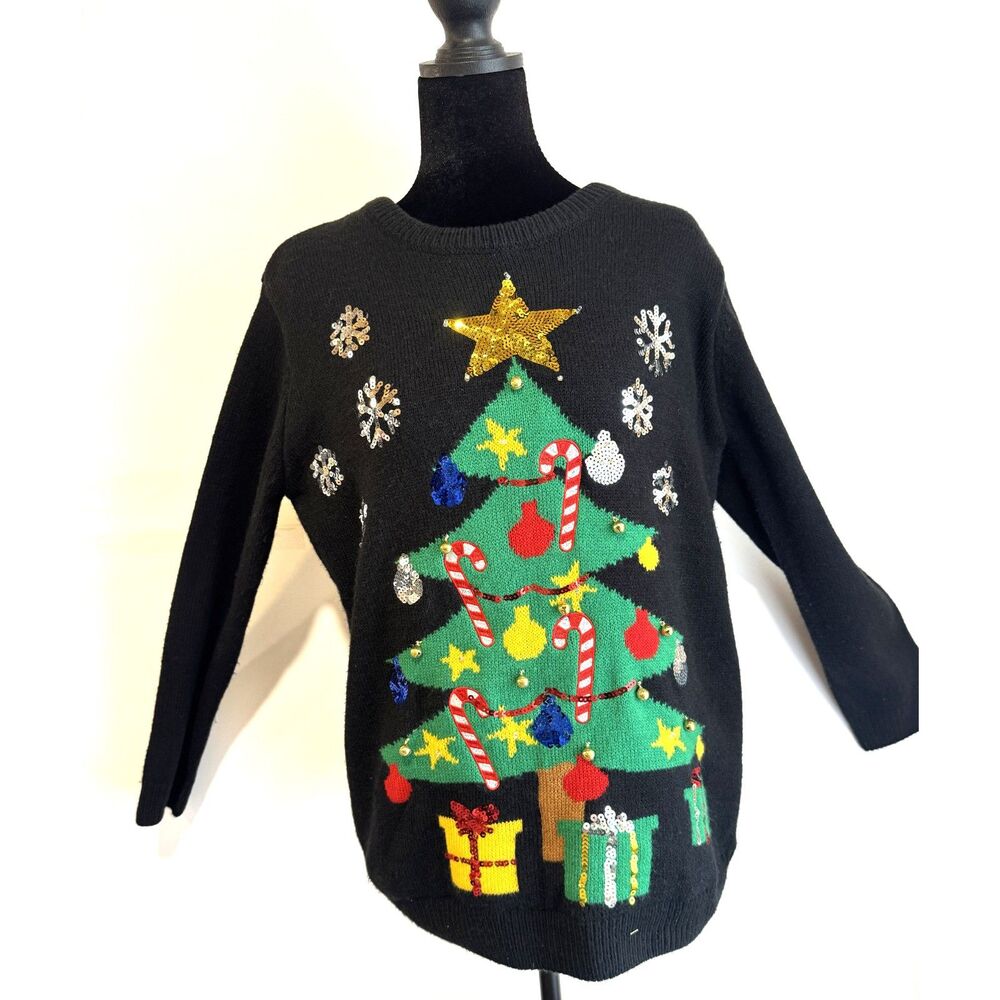 Women’s Light-Up Christmas Tree Ugly Sweater Sequin Jingle Bells Black Small
